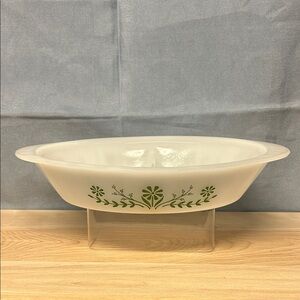 Vintage Glasbake Casserole Dish J2352 Green Daisy Milk Glass Oval 12 in